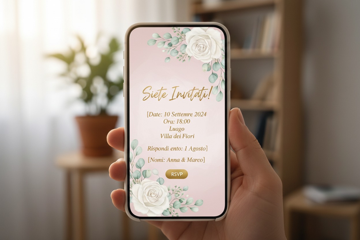 Una mano tiene uno smartphone che mostra un invito di nozze digitale decorato con rose bianche e dettagli in verde eucalipto su sfondo rosa.