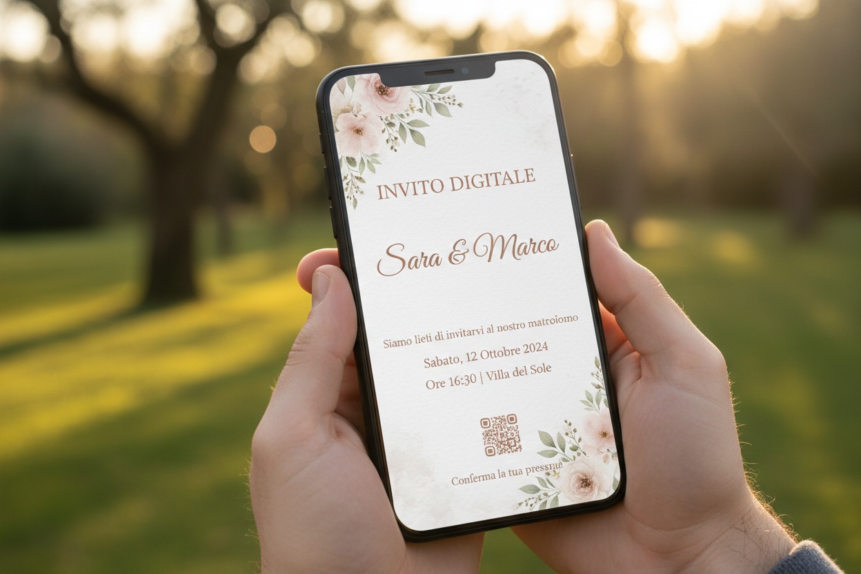 Un paio di mani regge uno smartphone che mostra un invito di matrimonio digitale con decorazioni floreali sullo schermo.