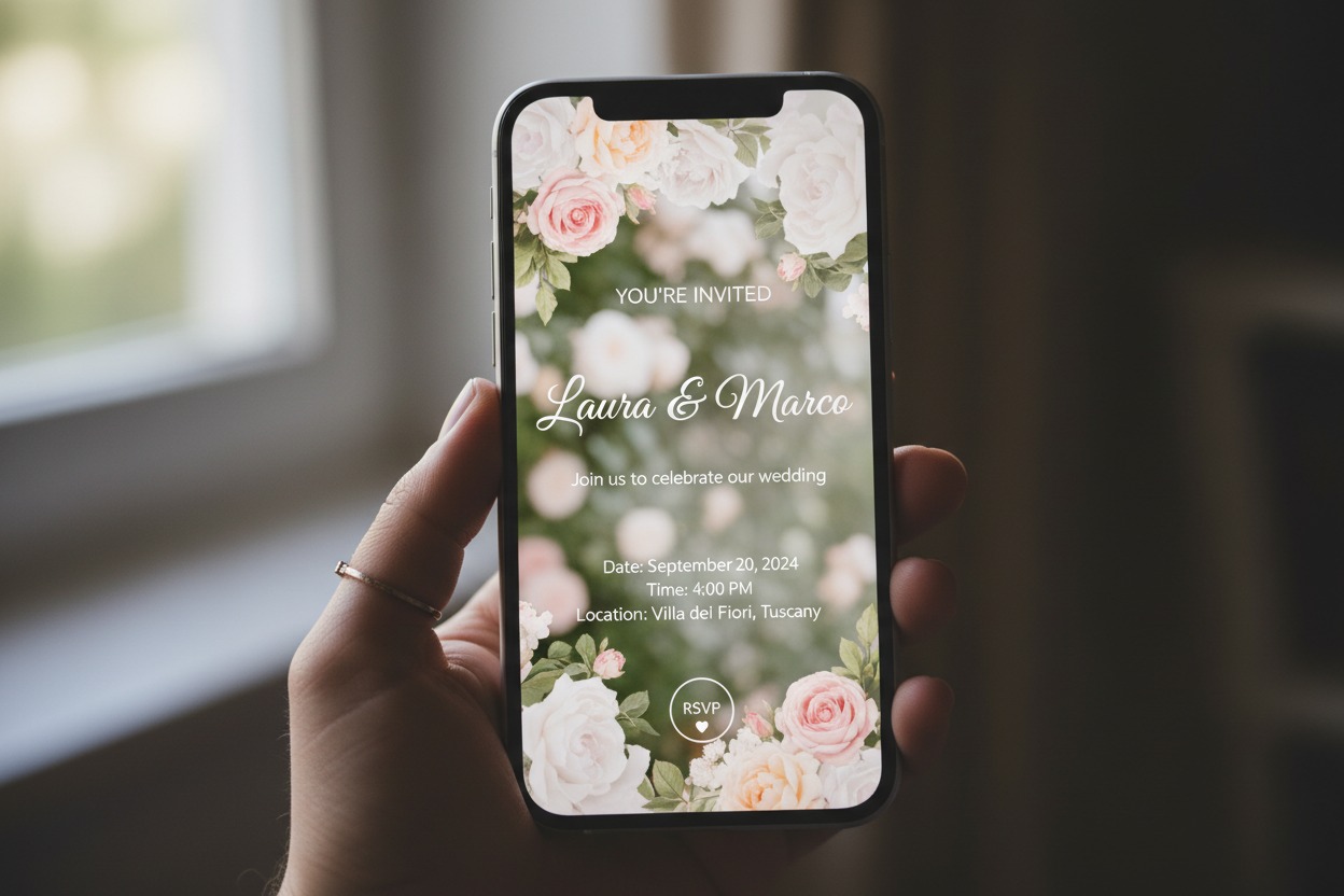 Una mano regge uno smartphone che mostra un invito di matrimonio digitale con decorazioni floreali.