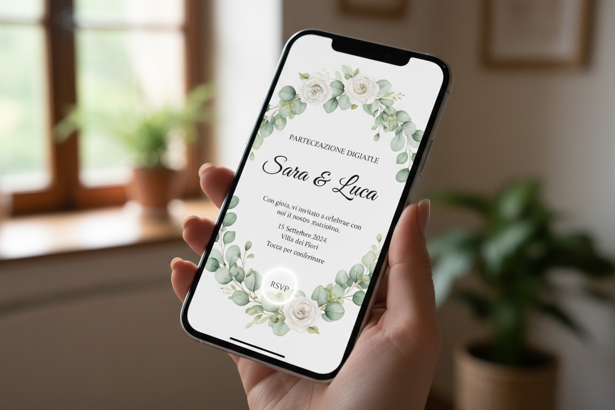 Una mano tiene uno smartphone che mostra un invito di matrimonio digitale con fiori e foglie di eucalipto sullo schermo.