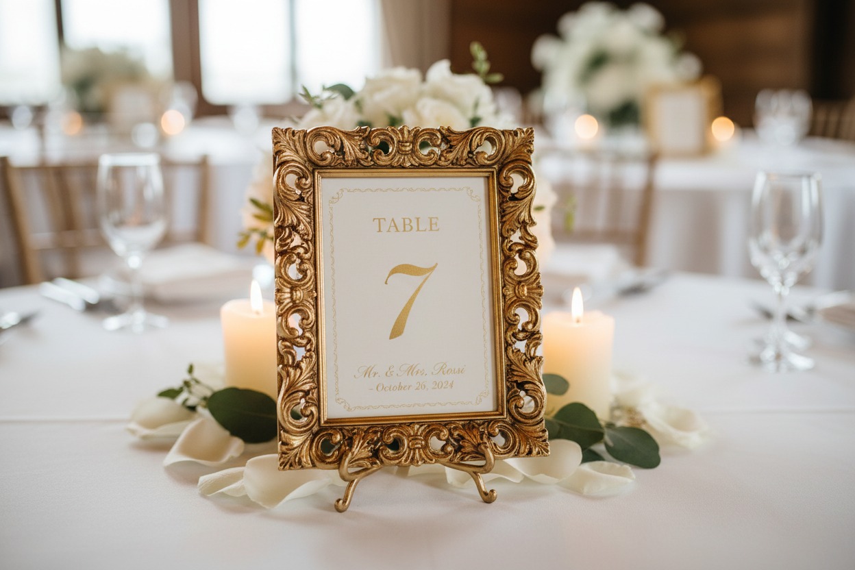 Un segnaposto con il numero sette in una cornice dorata barocca su un tavolo imbandito per un matrimonio.